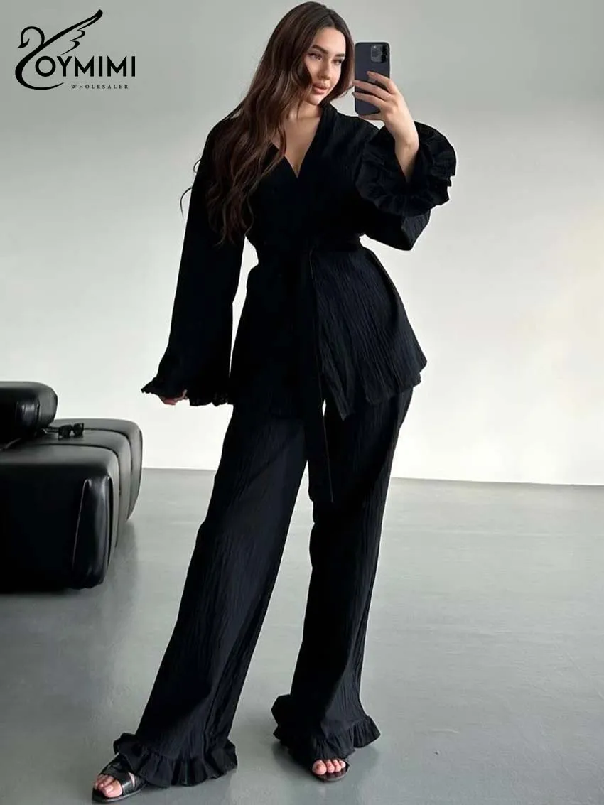 

Oymimi Elegant Black Cotton 2 Pieces Set For Woman Fashion V-Neck Long Sleeve Lace-Up Shirts And Straight Ruffled Trousers Sets