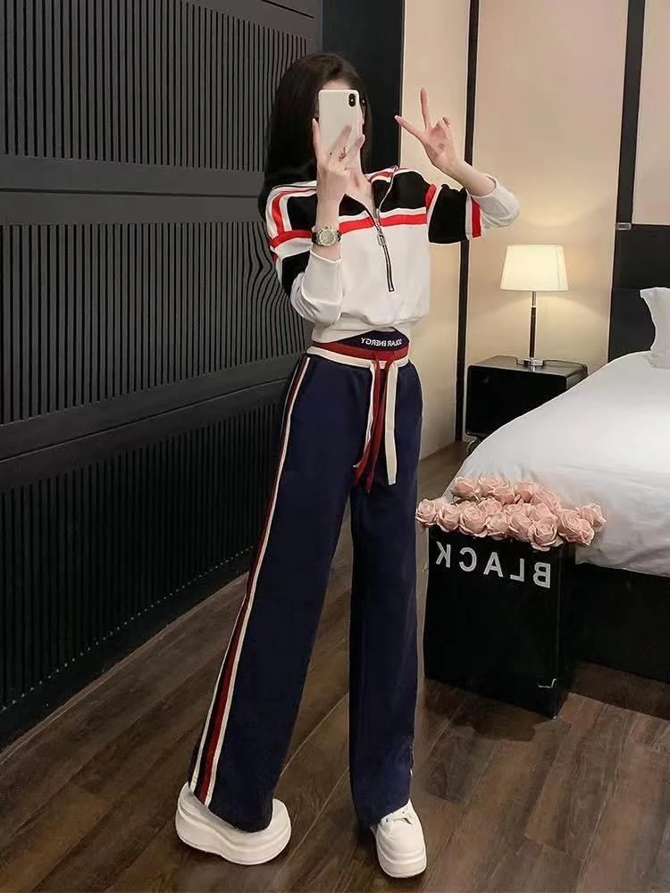 

Spring Autumn New Style Streetwear Zipper Color Block Hooded Waist Cinched Sweatshirt Casual Wide Leg Pants Two Piece Set Women