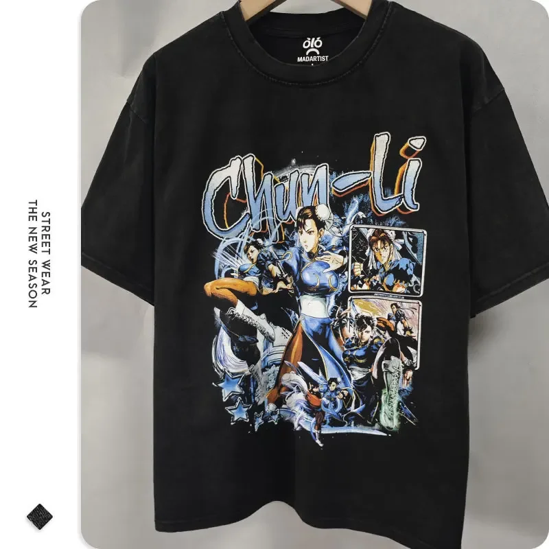 Elastic Li Street Fighter T shirt PC game Ryu Akuma vintage tapping top tee hip hop short sleeve oversized T-shirt 100% cotton