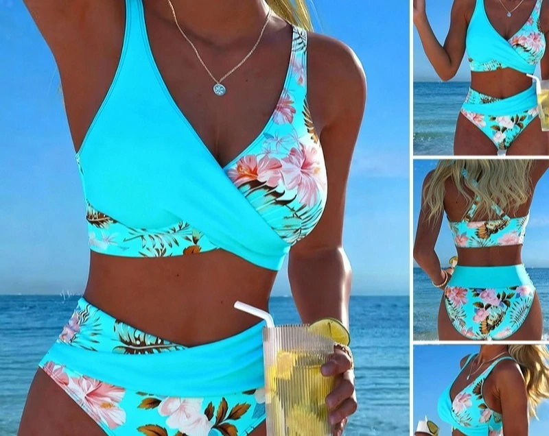 Women 2 Piece High Waist Bikini Set Tropical Floral Print Wrap V‑Neck Bikini Top Fold Over Bathing Suit Beach Pool Swimwear