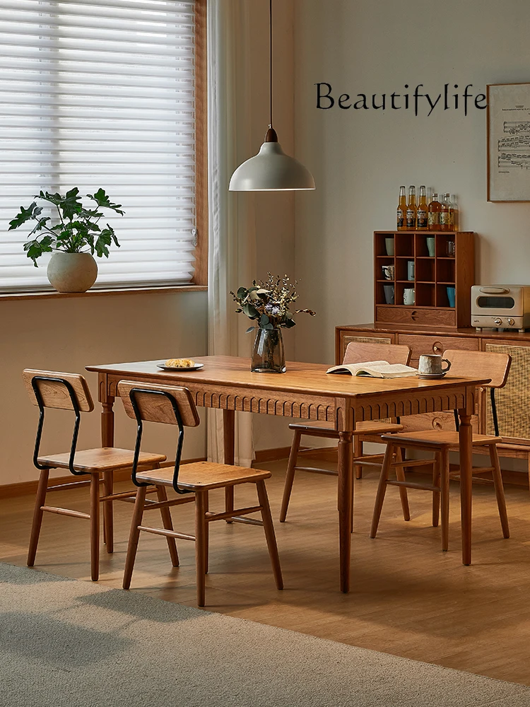 Household Small Apartment Nordic and Japanese Style Cherrywood Solid Wood Dining Table with Drawer Dining Table Dinner