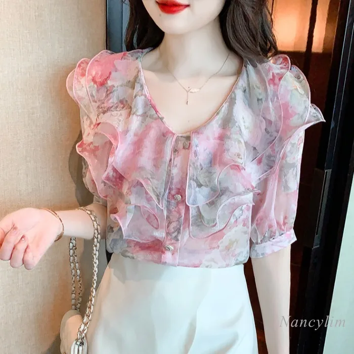 Elegant Ruffled Short Sleeves Chiffon Shirt Women\'s 2022 Summer New Design Floral Top Ladies Sweet Flower Blusas