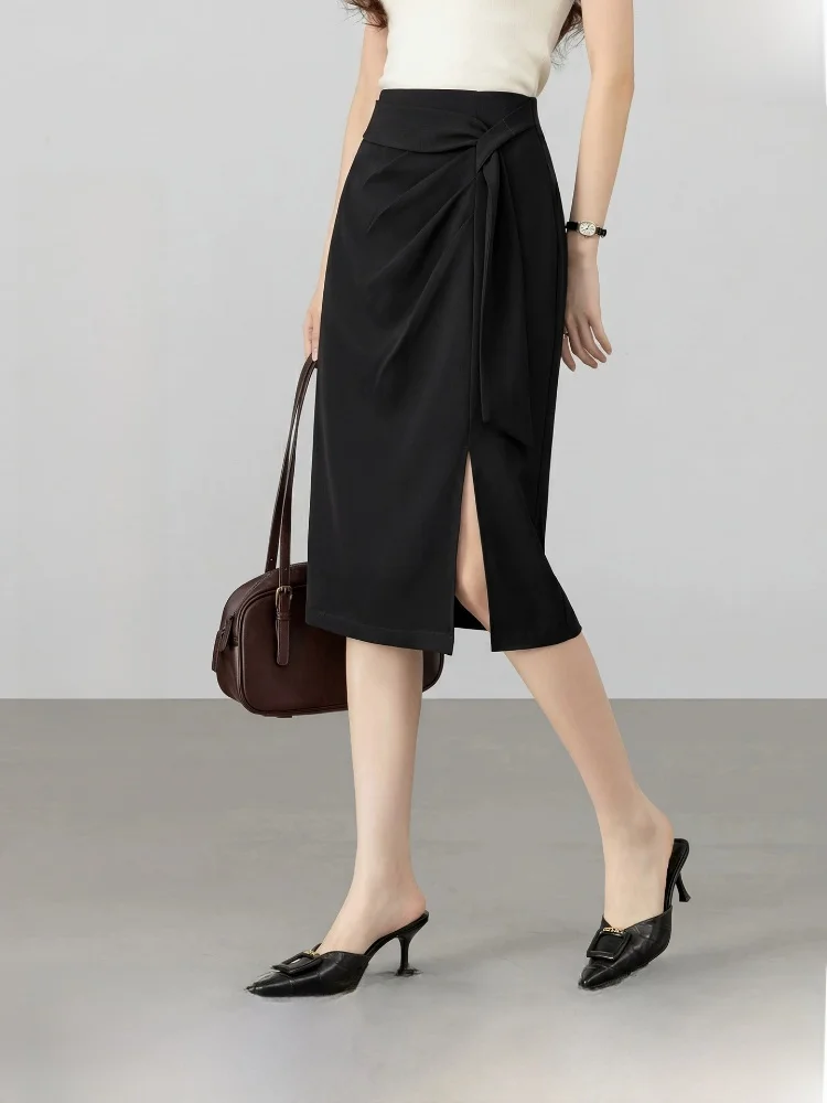 

High Waist Straight Cut Midi Skirt Women's Spring 2026 New Style Slimming Pleated Design Sash Vented Hemline Commute Friendly