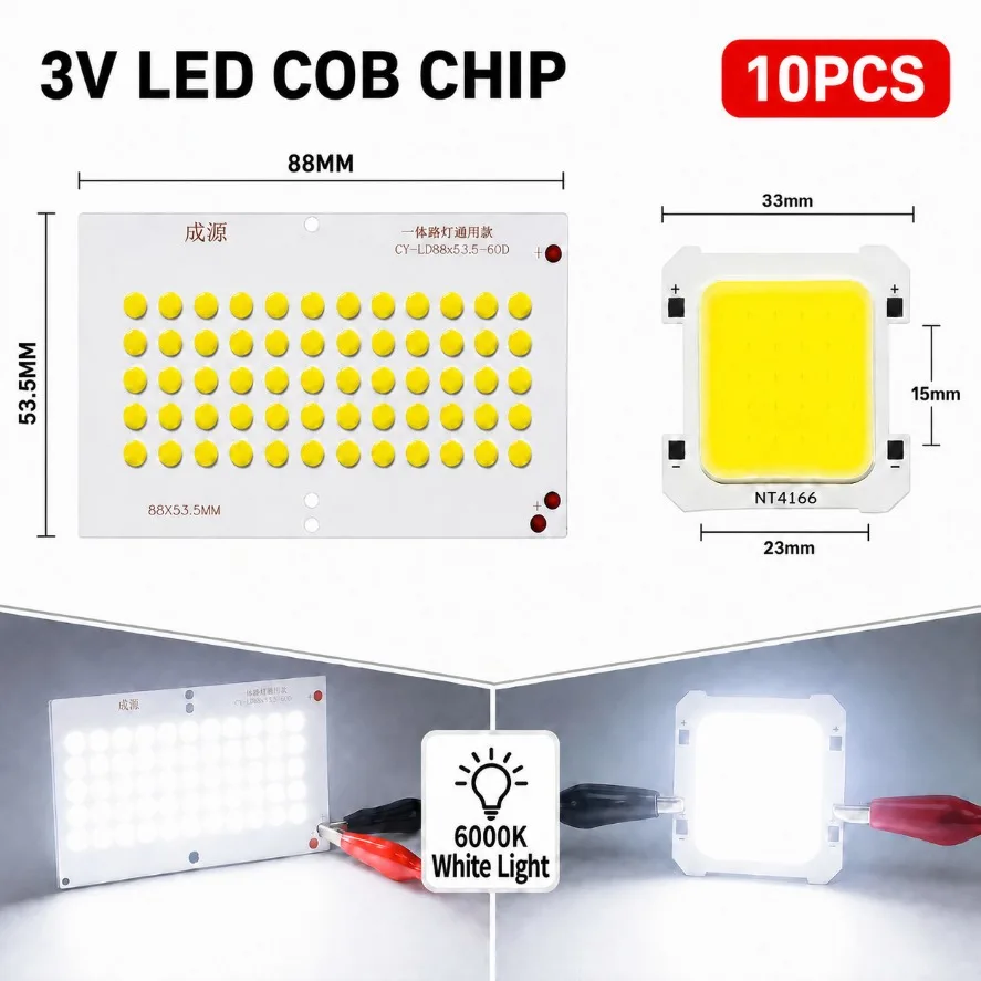 10Pcs 3V LED COB Chip 6000K Cold White Light High Brightness COB LED Bead for DIY Flood Light Street Lamp Lighting Repair