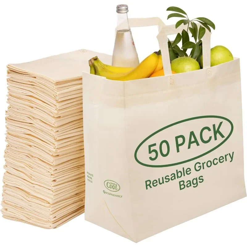 

Reusable Grocery Bags Eco-Friendly - Large Shopping Bags, Heavy Duty Grocery Bags, 14.5"x14"x6.6" Foldable (50 Pack, Cream)