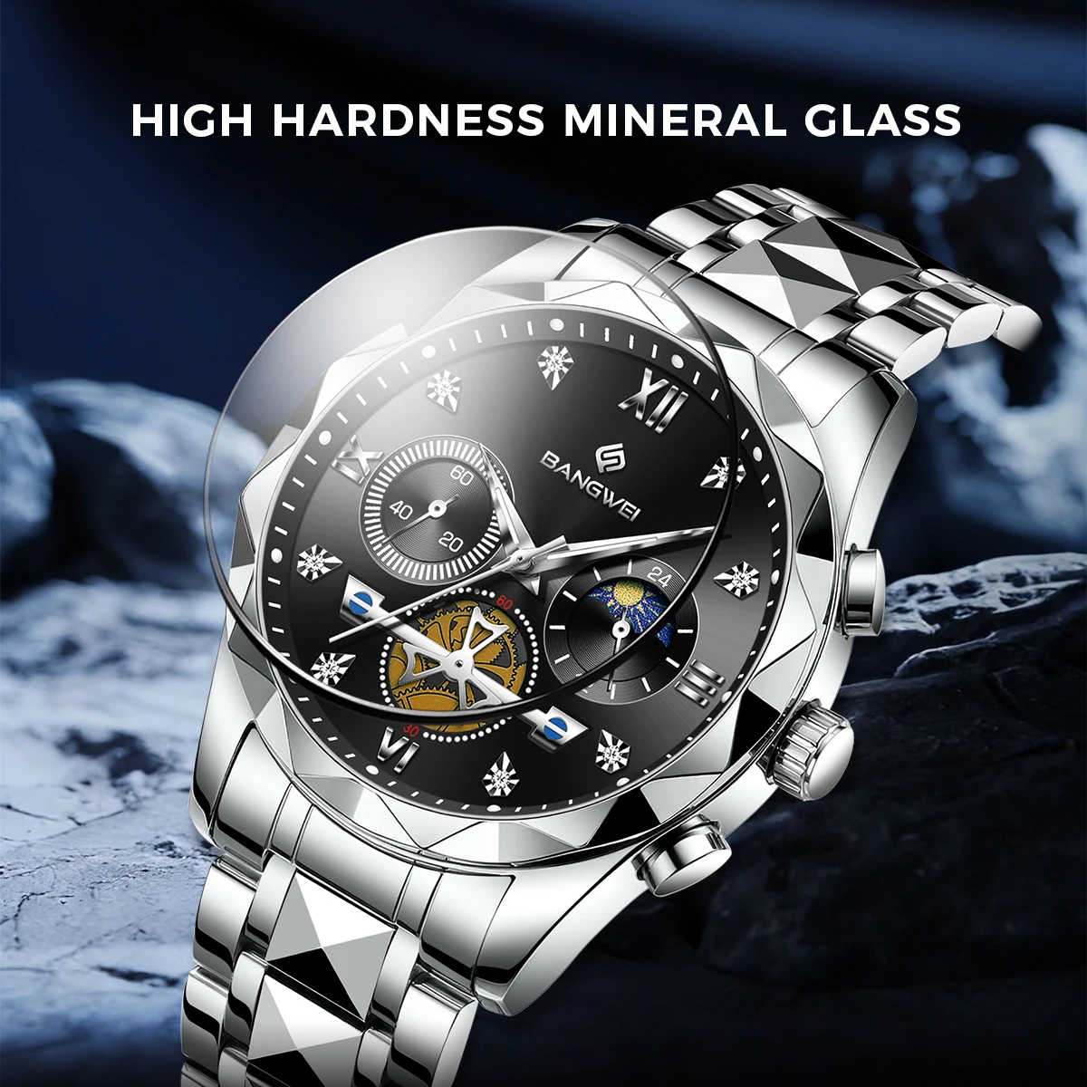 BANGWEI 2026 TOP Men's Watch Fashion Business Quartz Luminous Waterproof Moon Phase Luxury Watches Gift For Men reloj hommes+BOX