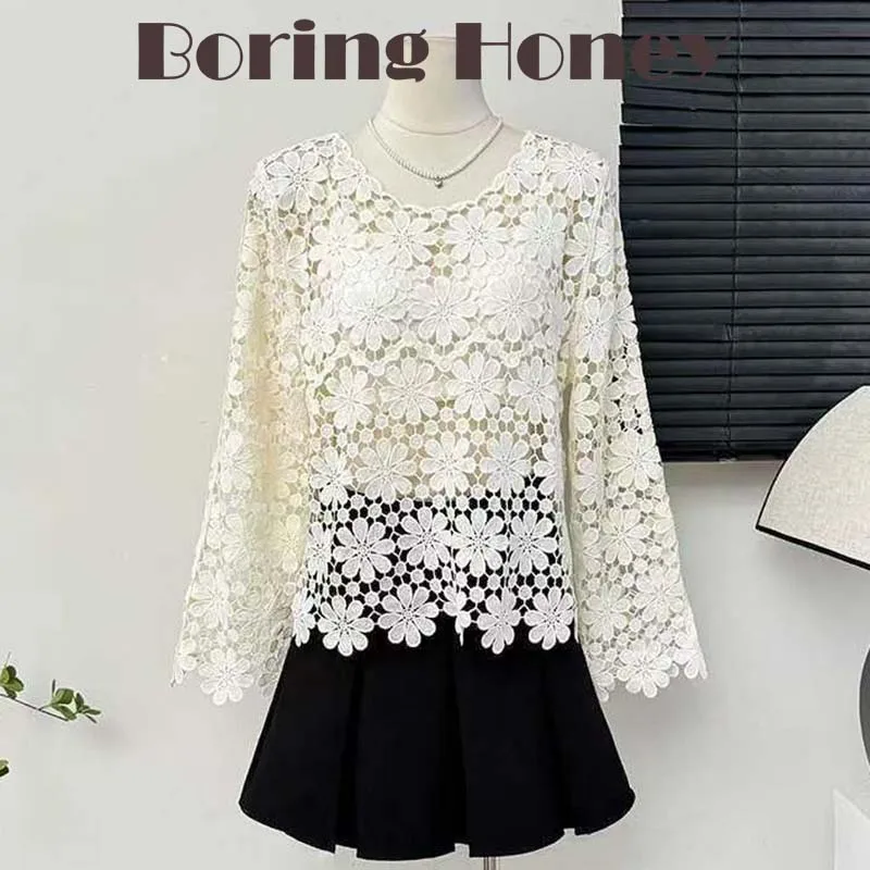 

Boring Honey Hollow Out Crocheted Round Neck T-Shirt Flower Lace Sweater Female Autumn Fashion All-Match Chic Loose Top Women