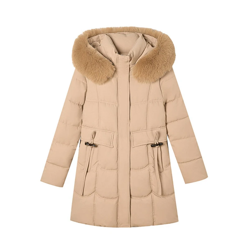 

Winter Parka Coats 2025 Fashion New Slim Mid Long Women's Fur Collar Hooded Down Cotton Padded Jackets Black Temperament Outwear