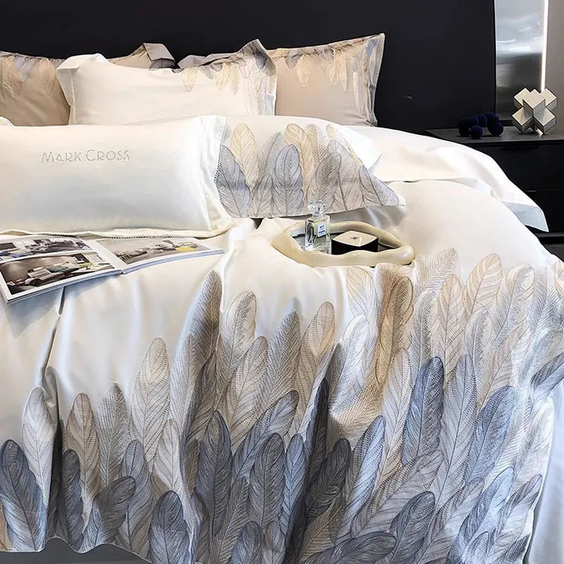 2024 New Four-piece Bedding Simple Cotton Double Household Bed Sheet Feather Atterns Quilt Cover Comfortable Bedding Gray White