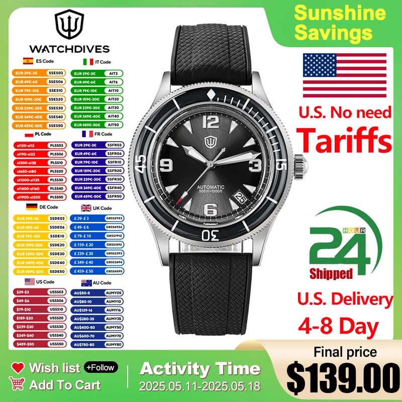 

2025 New Watchdives WD50FF Dive Watch Stainless Stee NH35 Movement Mechanical Men Watches Bubble Boxed Sapphire CrystalLuminous