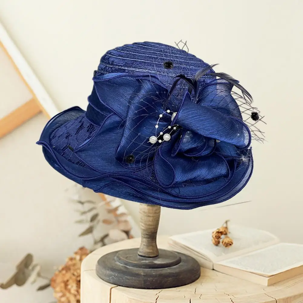 Women Retro Cap Elegant Vintage Style Women\'s Fisherman Hat with Organza Lace Bow Faux Pearl Feather Decor for Prom Party Sun