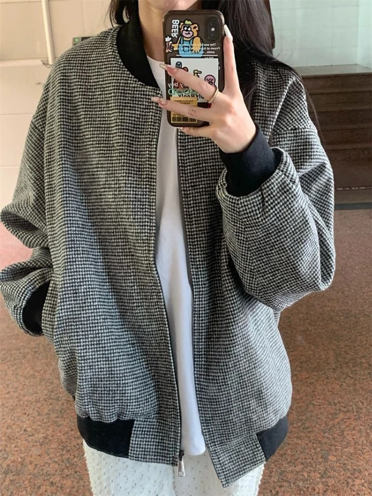 2026 Spring Autumn Women Houndstooth Baseball Korean Loose Retro Streetwear Chic Casual Bomber Coat