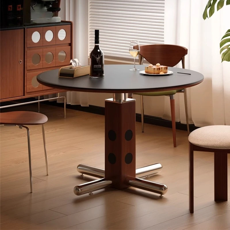 

Round table retro small apartment metal legs round dining table solid wood rock slab dining table