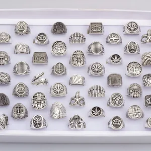 Grosir Massal Lot 50 Buah Cincin Perhiasan Logam Antik Punk Pria untuk Wanita Ukuran 7-12 Campuran Gaya Berbeda 12 cameo tengkorak penjualan terbaik - №