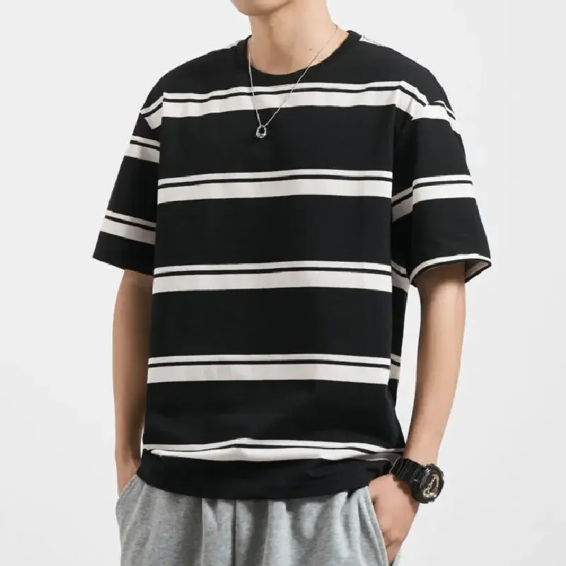 Japanese Fashion Men's Stripe Oversize T-shirt Men's And Women's 2024 Summer New Cotton Weight 240G Versatile Couple Clothes