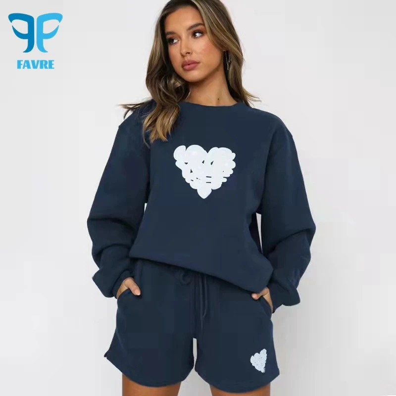 

FAVRE Love Print Sweatshirts Womens Roundneck Ins Loose Pullovers Autumn Winter Tops Europe and America Casual Shorts Suit