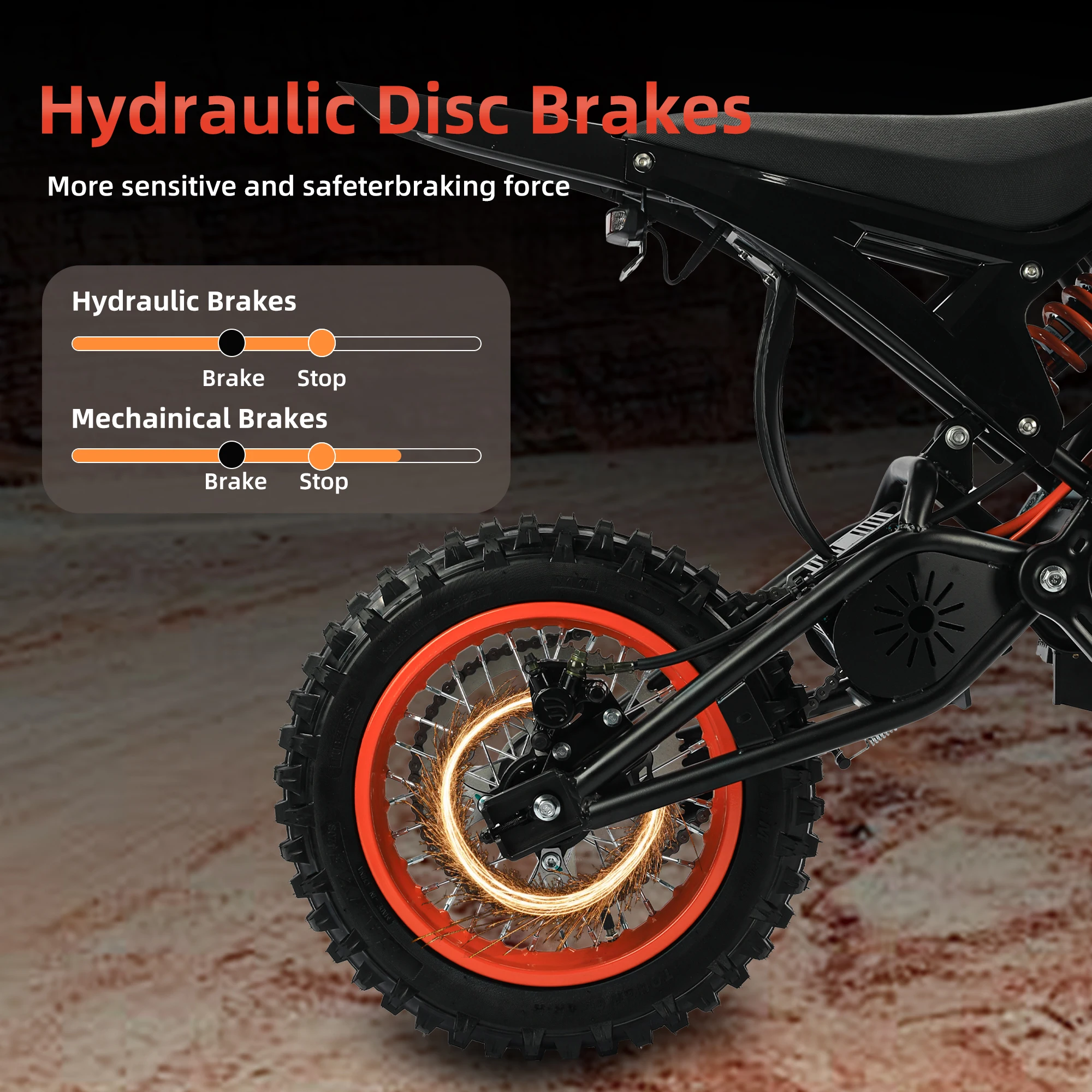 Black & Orange EDB001 3000W Peak Electric Dirt Bike 48V 23AH Battery 58km/h 50-60km Range Hydraulic Fork Nitrogen Shock 14/12 Inch Off-Road Motorcycle for Adults with Chain Drive Hydraulic Brake System