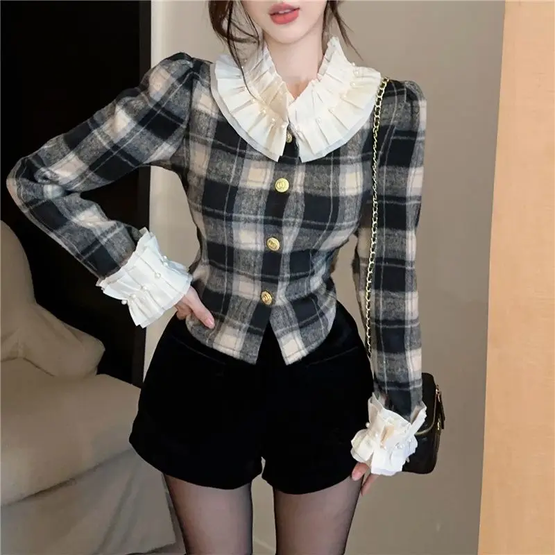 Retro Plaid Shirt with Doll Collar Sweet Long Sleeved French Style Niche Short Versatile Jacket Women\'s Top