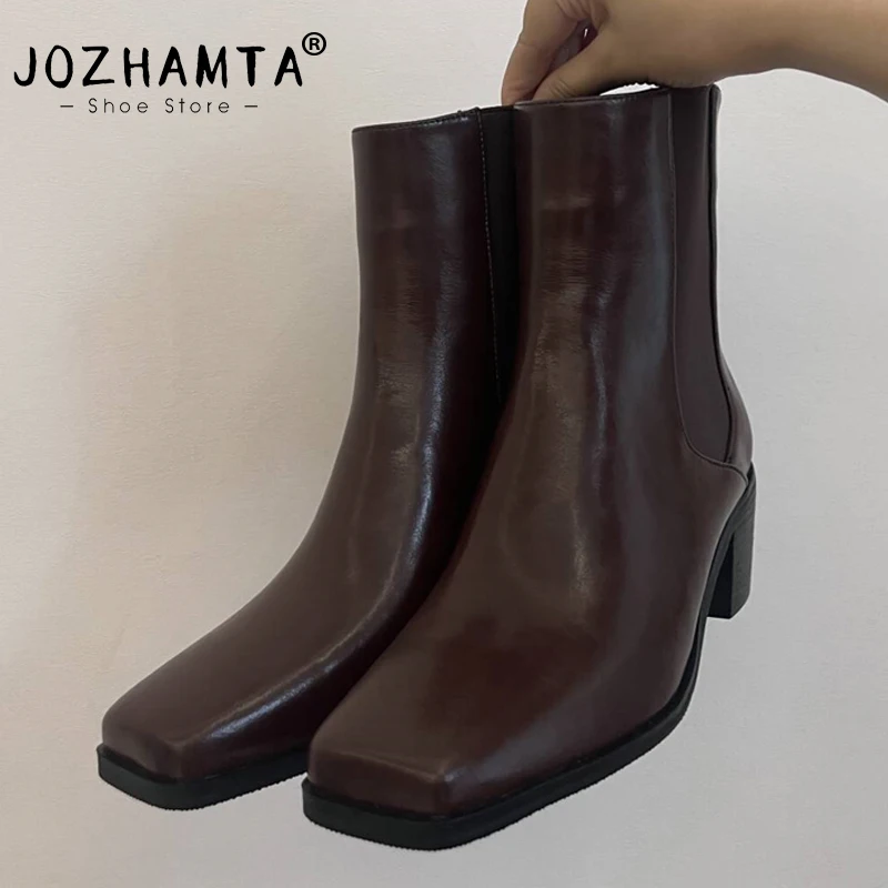 נעלי JOZHAMTA מידה 34-43 לנשים מעור אמיתי עם עקב עבה, קצה ריבועי, עקב גבוה, נעלי קצרות לנשים בסגנון אופנה