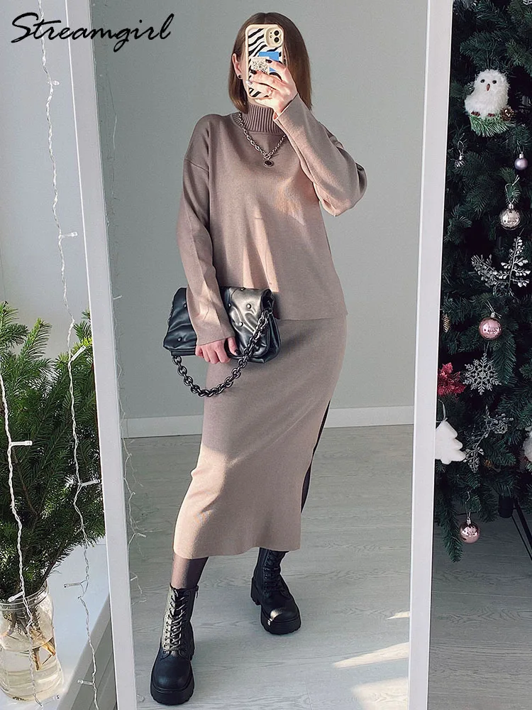 Camel Skirts And Top Sets For Women Knit Two Peice Bodycon Skirts With Slit 2 Pieces Sets Women Outfit Sweater And Skirt Set