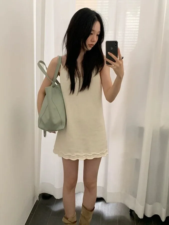 Korean Style Soft Wave Knit Strap Dress Women's Autumn Small Size Sleeveless Layered Short Skirt Dress Casual Streetwear