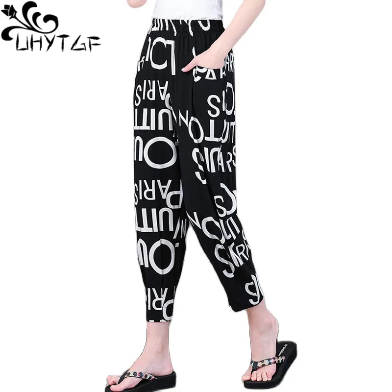 

UHYTGF 2022 Cotton Silk Summer Pants Women Printed Elastic High Waist Casual Female Thin Trousers Mom Big Size Sports Pants 1777