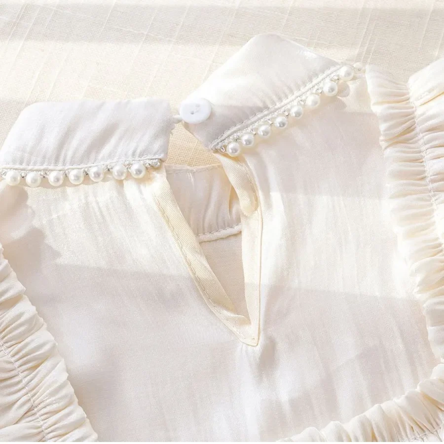 2024 Spring Cotton Solid Lace White Blouse Summer Striped Shirt Korean Baby Long Sleeve Tops Cute Shirts School Girls Blouses