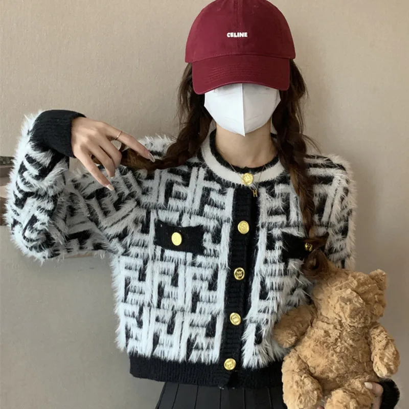 Pink Plaid Korean Casual Knitted Cardigan Single Breasted Harajuku Sweater Coat Long Sleeve Fashion Outwear Women Short Cardigan