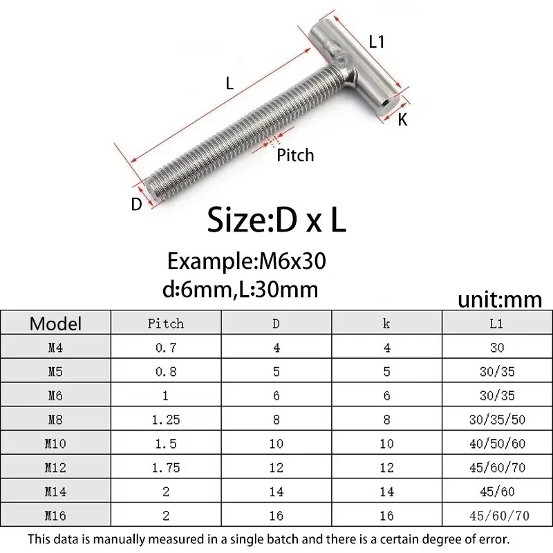 M4 M5 M6 M8 M10 M12 T-welding Screws T-shaped Screw 304 A2 Stainless Steel Cylindrical Welding Bolt