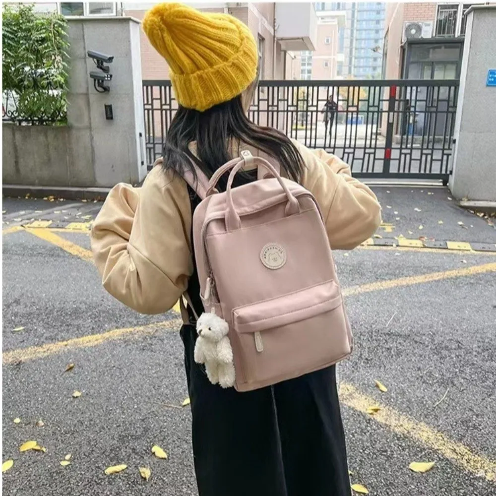 Solid Large Capacity Student Backpack Nylon Multi-Pocket Academy Girl's School Bag Spacious Zipper Pendant Teens Rucksack