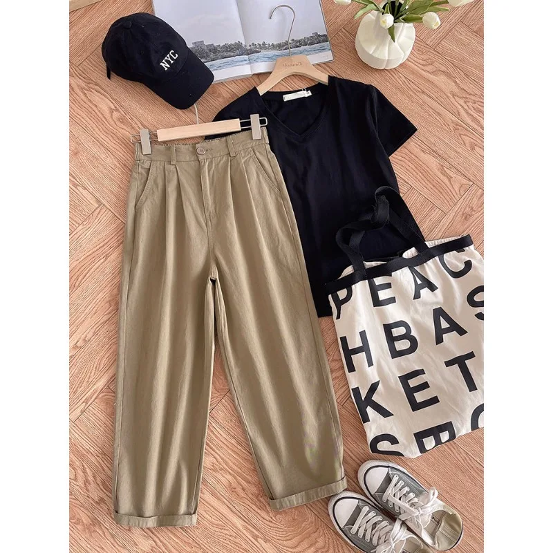 Spring and Autumn Women's Solid High Waist Elastic Classic Slim Harem Button Fashion Casual Office Lady All-match Trousers