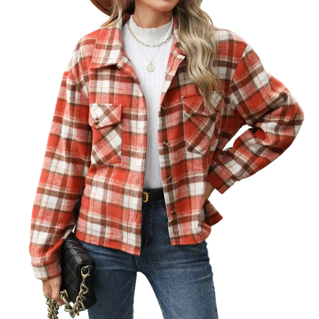 

Women's Long Sleeve Plaid Coat Tweed Loose Fit with Pockets Autumn Winter Outerwear by Europe And US Trade