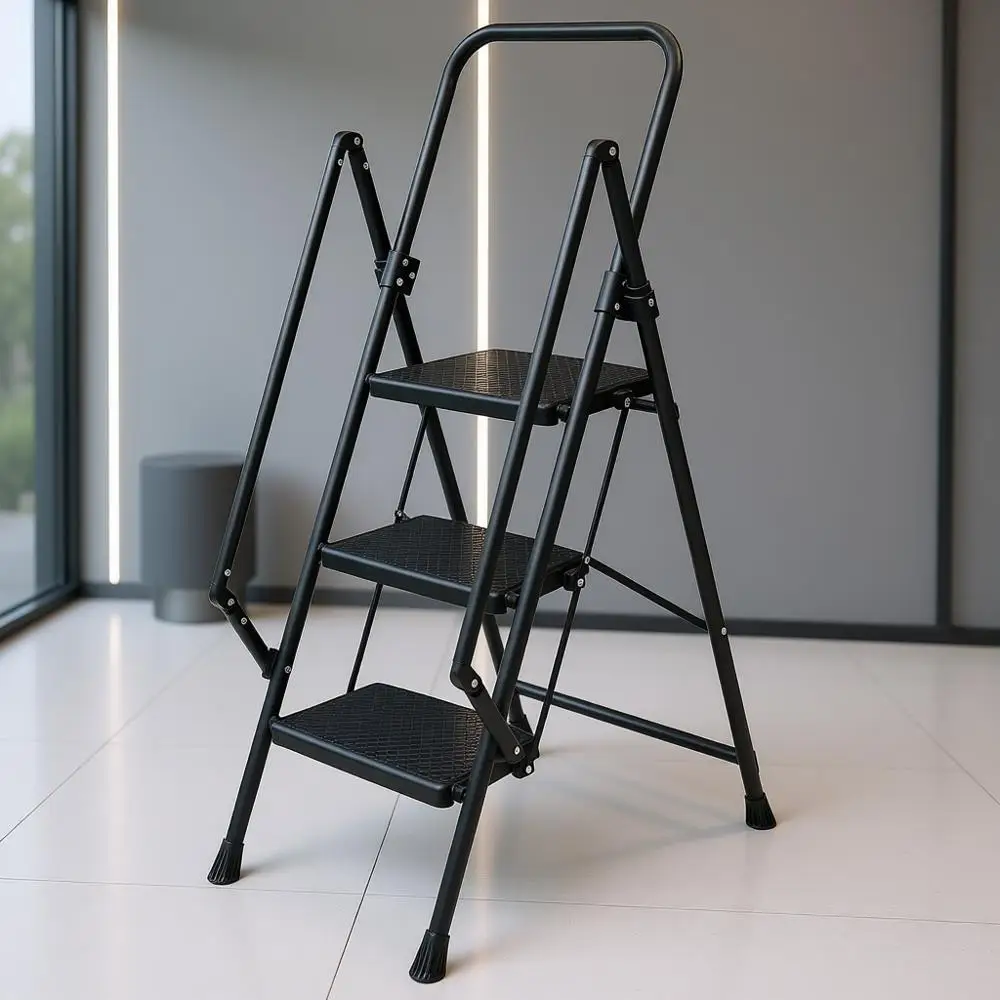 

Compact 3-Step Ladder with Anti-Slip Treads, Folding Stool, and Handle for Home and Kitchen Use - Black