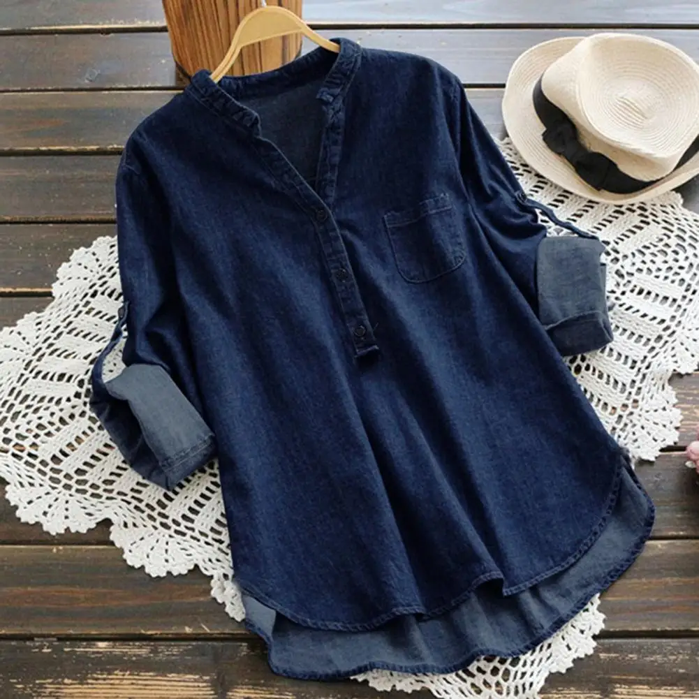 Women Solid Color Denim Shirt Stylish Women\'s Solid Color Denim Shirt with Stand Collar V-neck Buttons Long Sleeve Loose for A