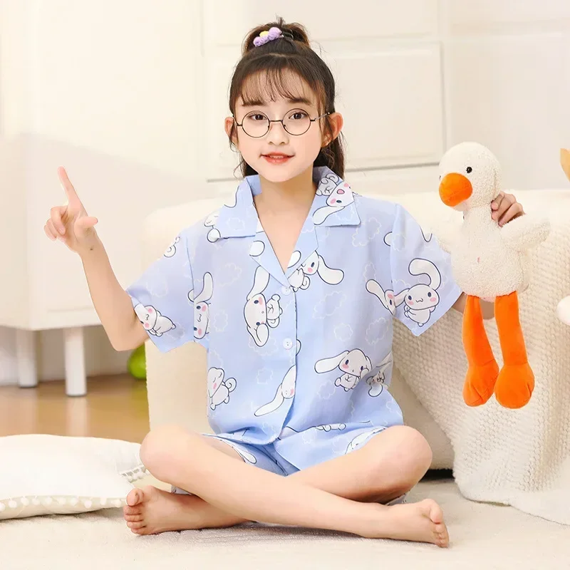 Sanrio Cinnamoroll Kuromi Hello Kitty Kids Pajamas Cartoon Children's Sleepwear Set Anime Girl Loose Cardigan Short Sleeve