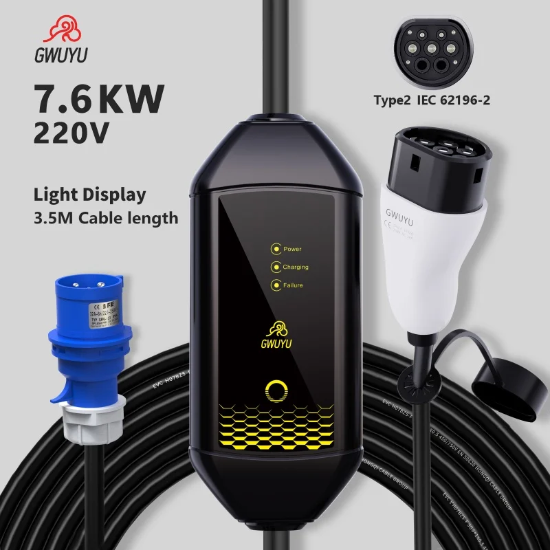 GWUYU-M62 EV Carregador Portátil, Luz Indicadora, 3.5KW 16A 7.6KW 32A 220V, Tipo 2, Cabo Wallbox para Veículo Elétrico Adulto e Carro