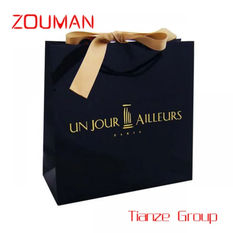 Custom , Gold Hot Stamping Black Custom Shopping Gift Packaging Paper Bags With Your Own Logo