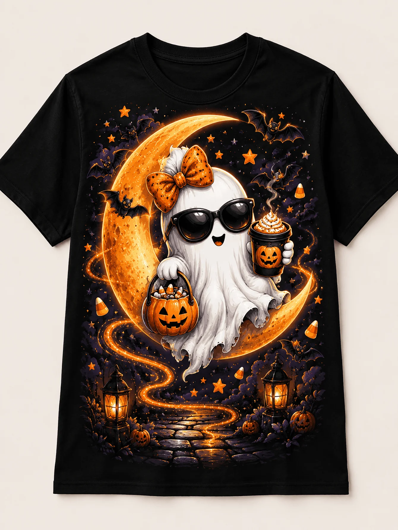 Cute Ghost with Bow Trick or Treat Tee Candy Corn Bucket Print T Shirt Kawaii Halloween Party Outfit Summer Casual Crewneck Top