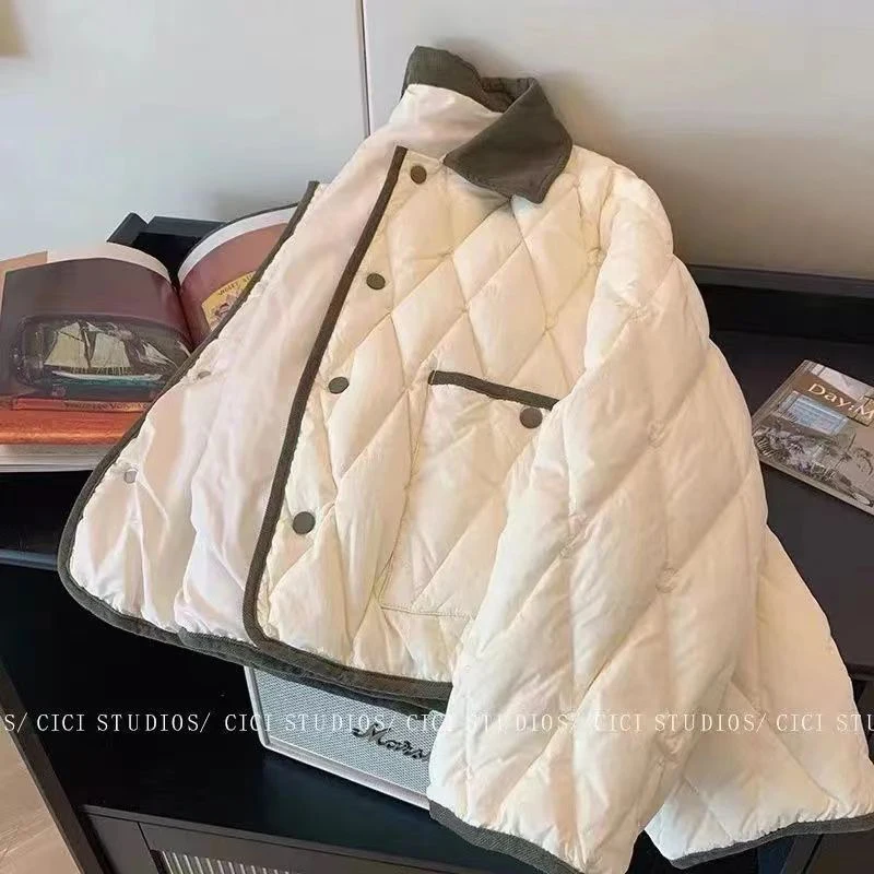 Abrigo de algodón Argyle coreano para mujer, chaqueta de retazos de un solo pecho, ropa de abrigo informal suelta de manga larga, moda de otoño e invierno