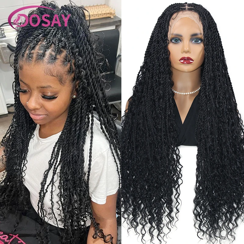 Pełne koronkowe plecione peruki Synthetic Island Twist Boho Senegalese Braided Wigs Goddess Box Braids Lace Front peruki dla czarnych kobiet