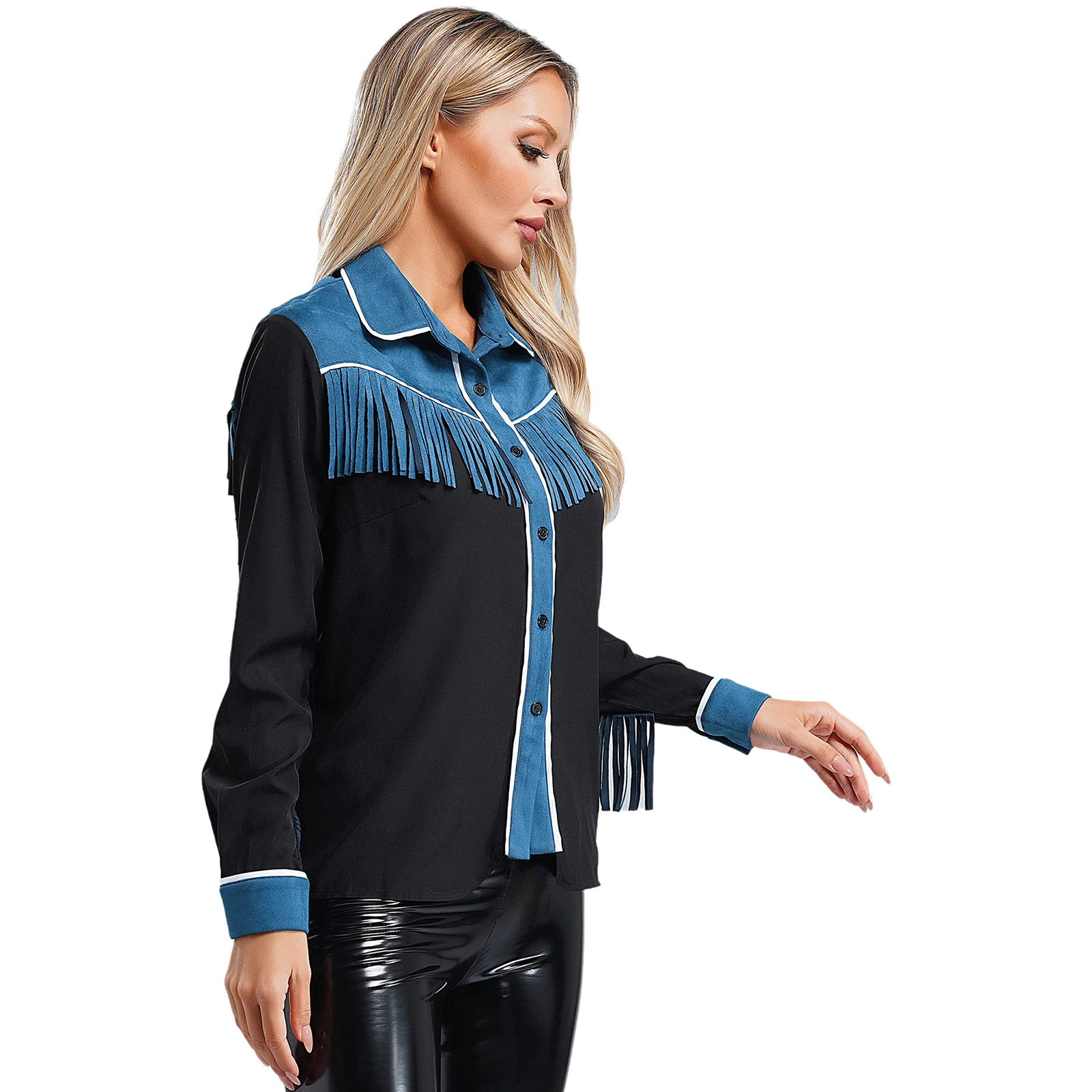 Women's Western Cowgirls Shirts Long Sleeve Buttons Down Fringed Hippie Costume Turn-Down Collar Retro Casual Blouses Shirts