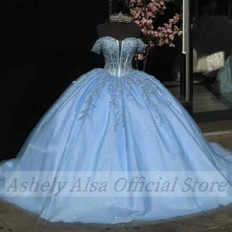 AA155 Customized Ice Blue Sweet 16 Year Girl Birthday Party Dresses Applique Puffy Prom Gown vestidos de 15 quinceañera 2024