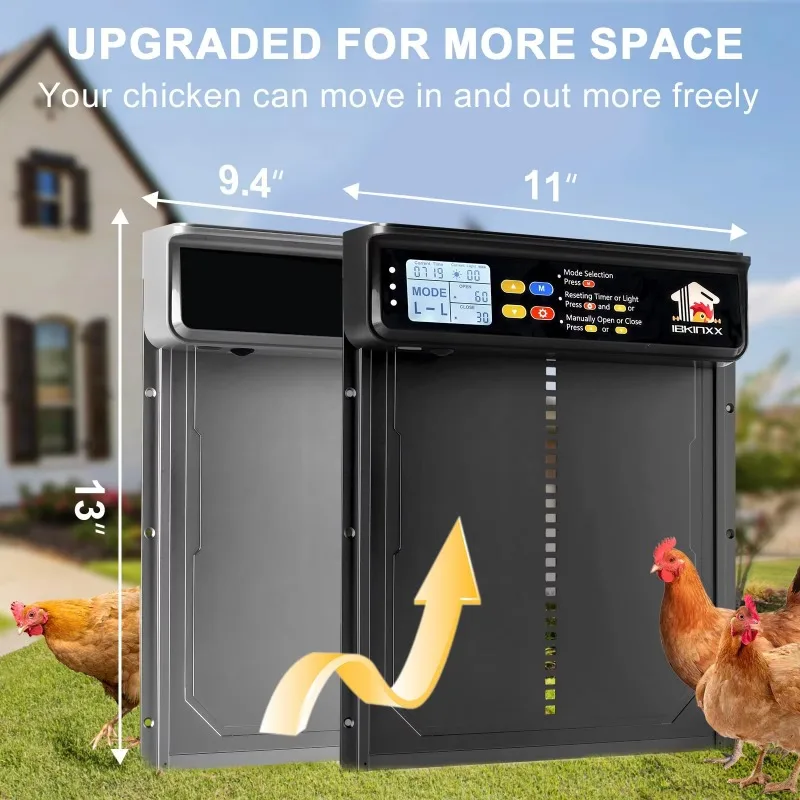 Weatherproof Chicken Coop Door Solar Powered Automatic 4 Auto Modes Remote 20M Range Anti Pinch LCD Display