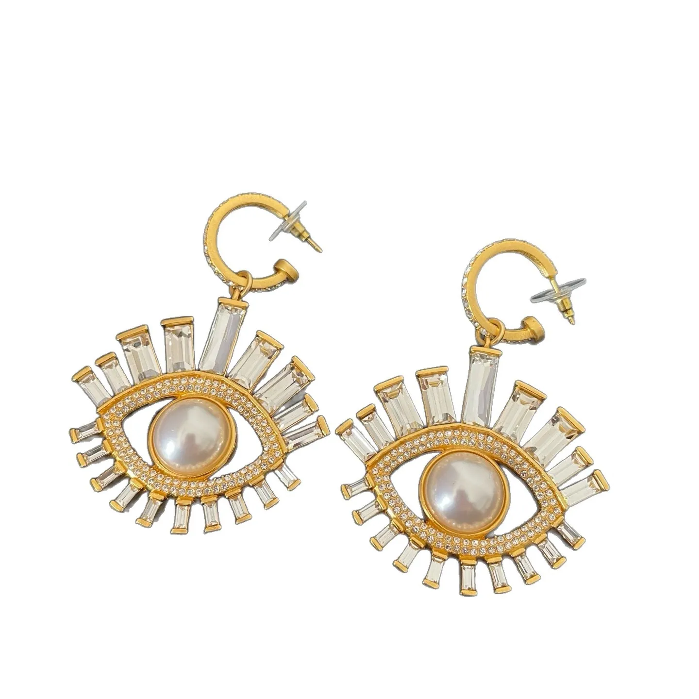 Retro Abstract Eye Crystal & Pearl Hollow Stud Earrings Chic Designer Ladies Evening Banquet Accessories