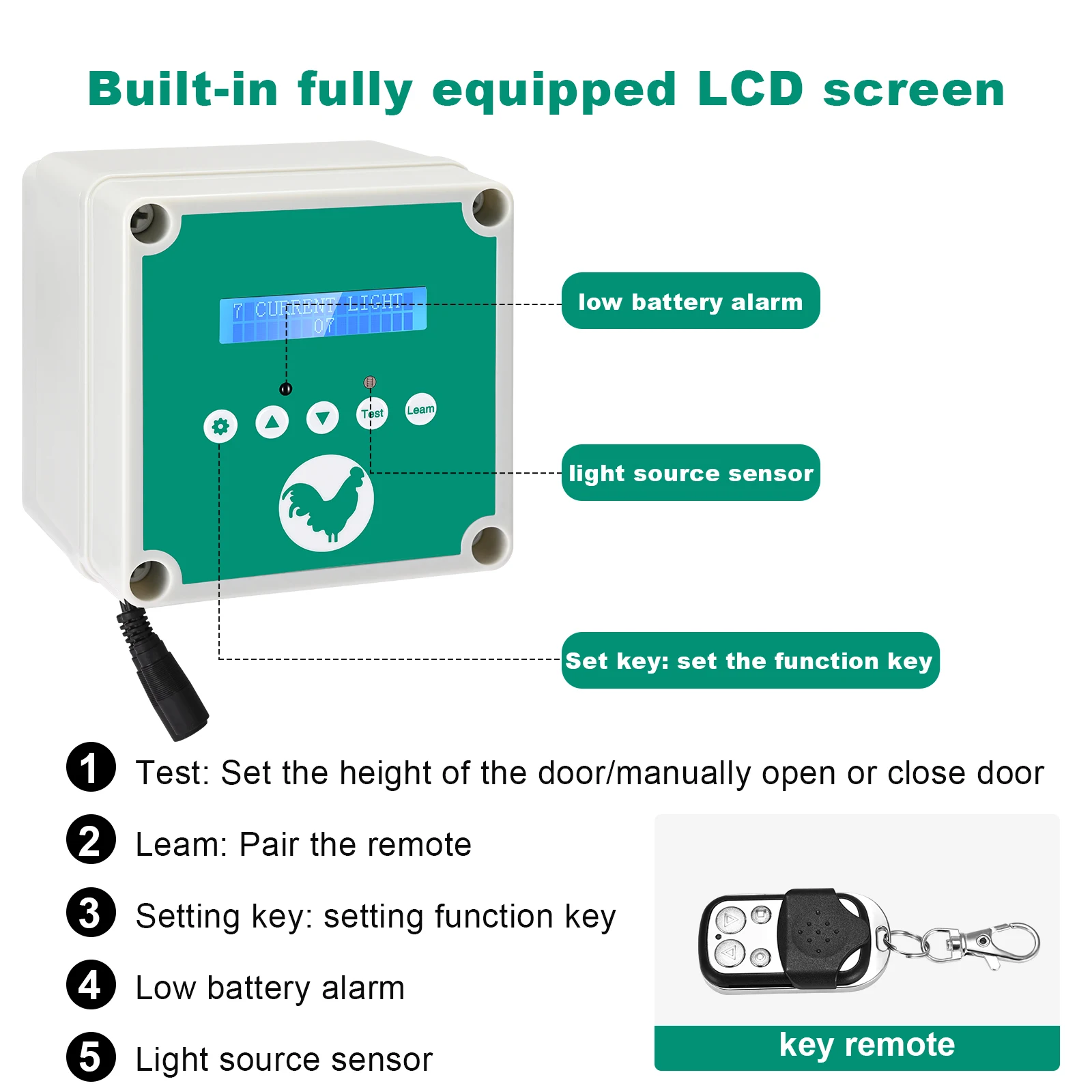 Imagem -02 - Automático Galinheiro Abridor de Porta Controlador Lcd Temporizador Sensor de Luz Bateria Solar Energia Elétrica Aves de Casa Flap 0.8kg