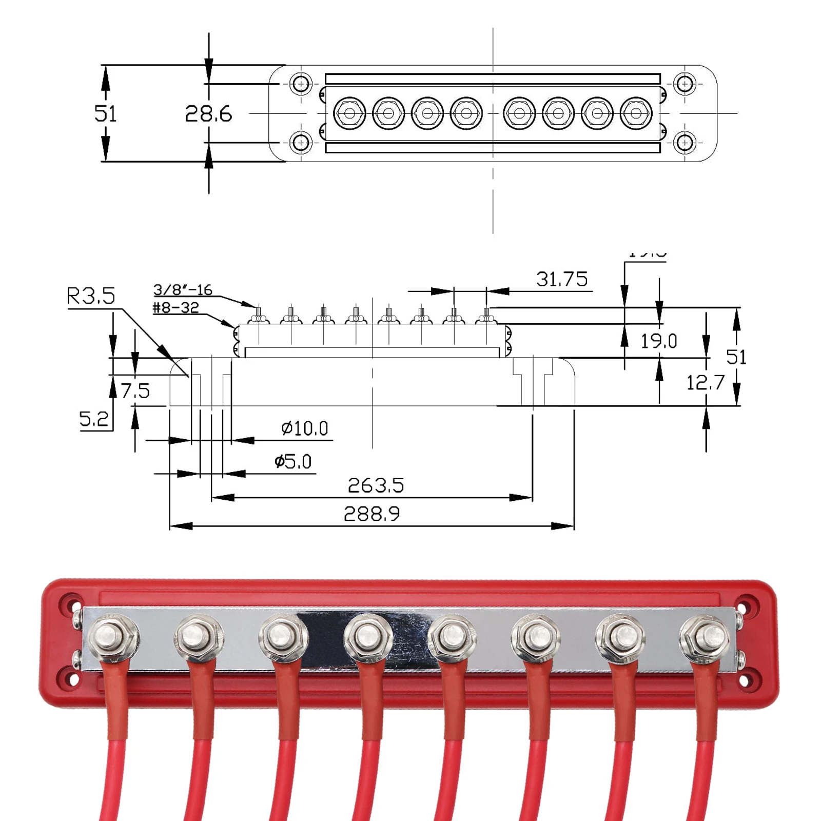 Heavy-Duty Bus Bar 600A High Current 8 Way 3/8\