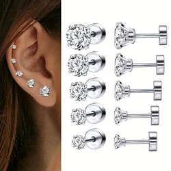 1 Pair 316L Stainless Steel Silvery With Zircon Decor Ear Bone Nail Piercing Stud Earrings With Flat Back Nap 2/3/4/5/6/7/8mm