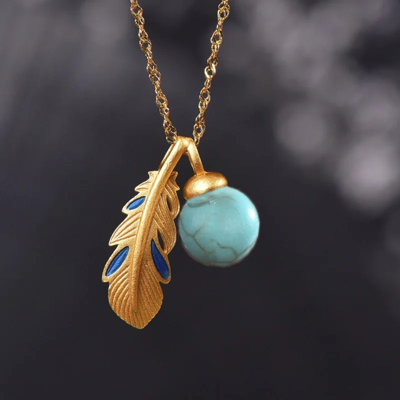 

Ancient gold craftsmanship inlaid turquoise bead feather pendant necklace simple romantic lady clavicle chain jewelry gift