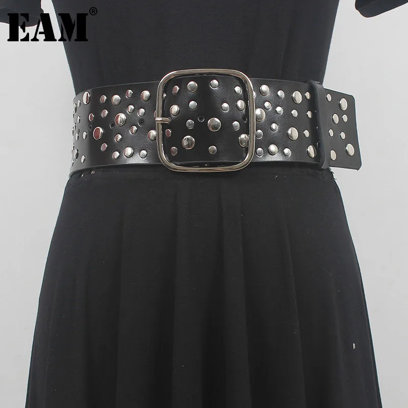 

[EAM] Pu Leather Black Rivet Square Buckle Wide Belt Personality Women New Fashion Tide All-match Spring Autumn 2024 1DH5538