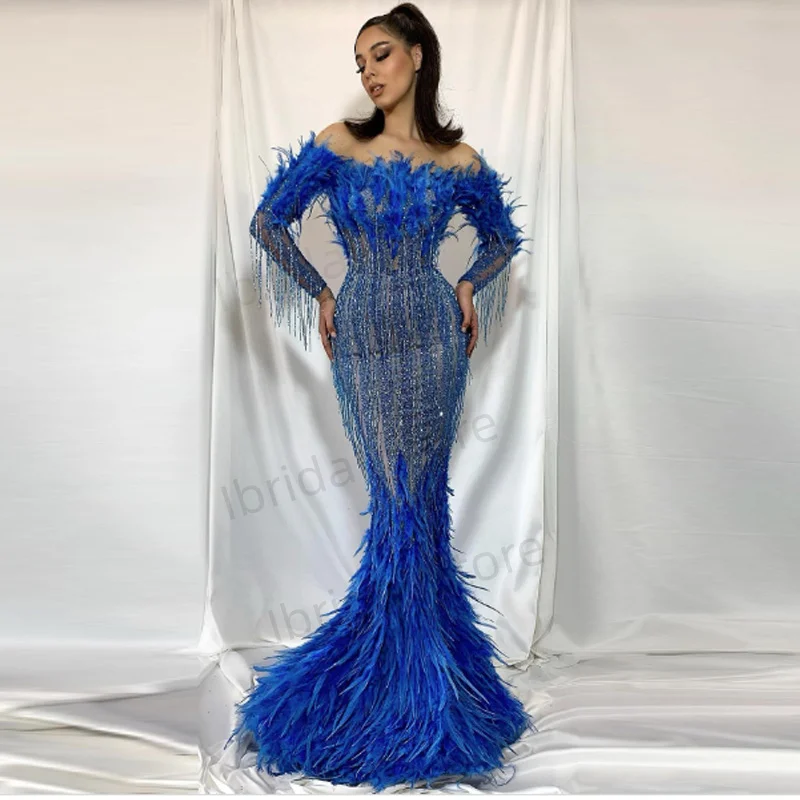 

Роскошные платья русалки с длинными рукавами и перьями по индивидуальному заказу, блестки длиной до пола, подходят для торжественных случаев, банкетных женских платьев